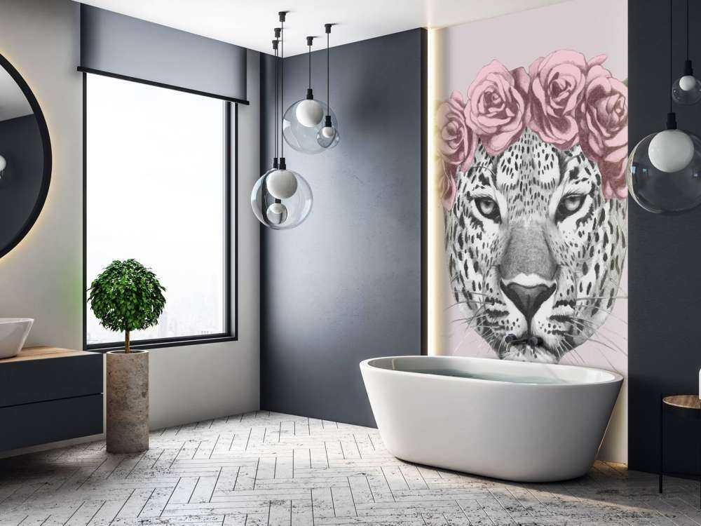 Leopard with pink flowers