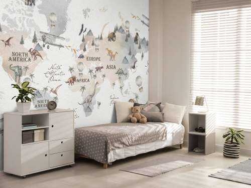 World map with dinosaurs