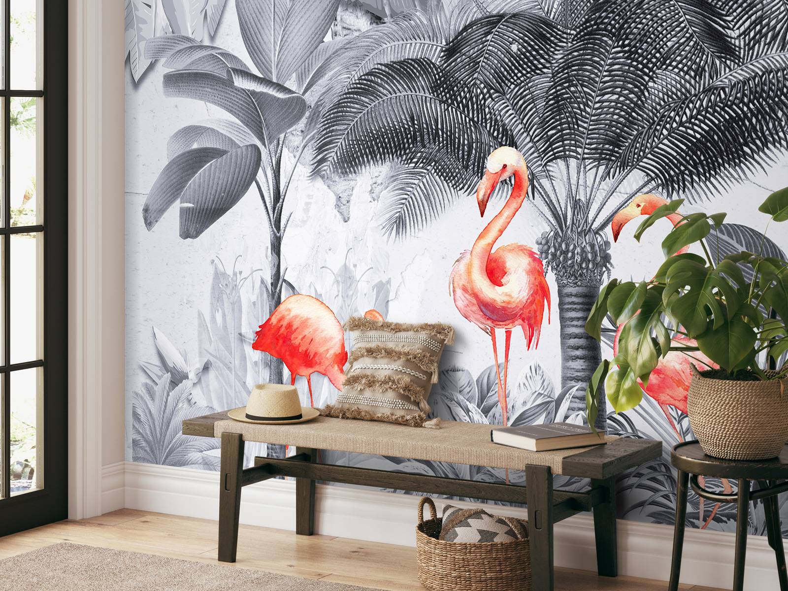 Jungle with flamingos