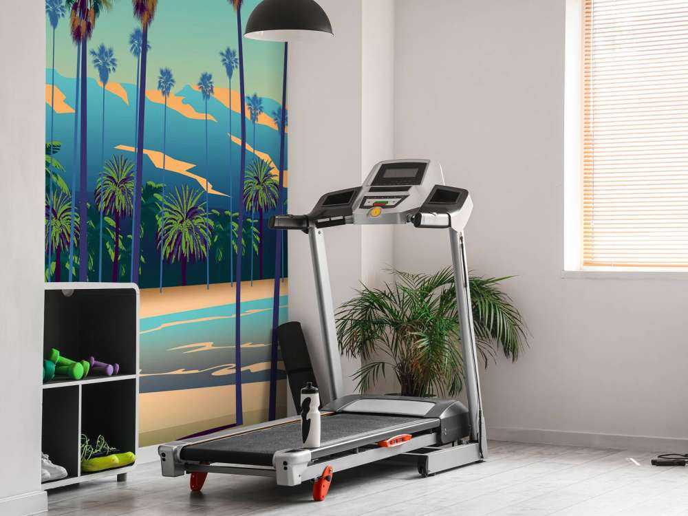 Drawn lake with palm trees