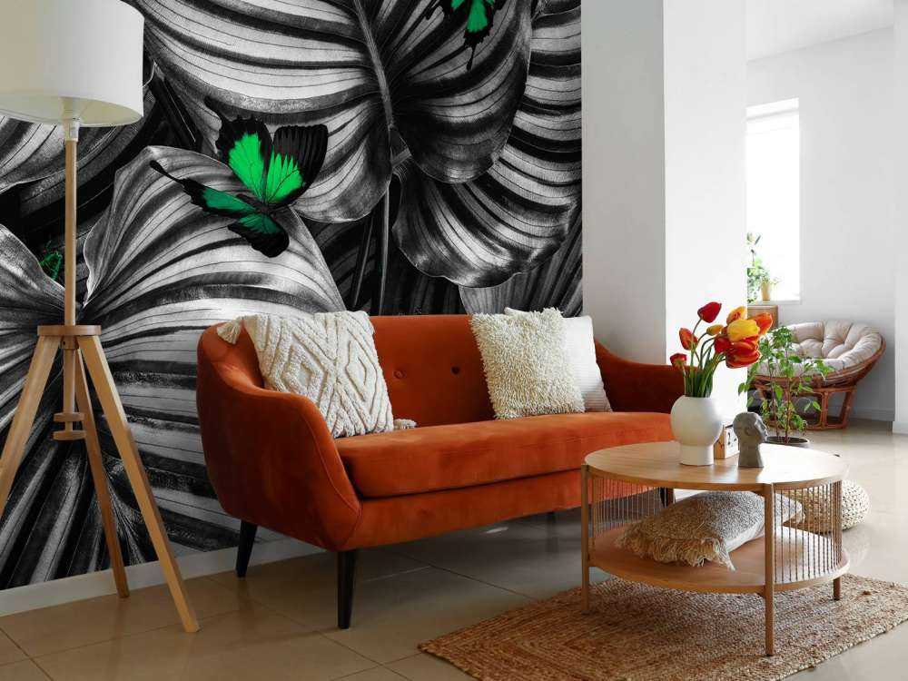 Butterflies on striped leaves