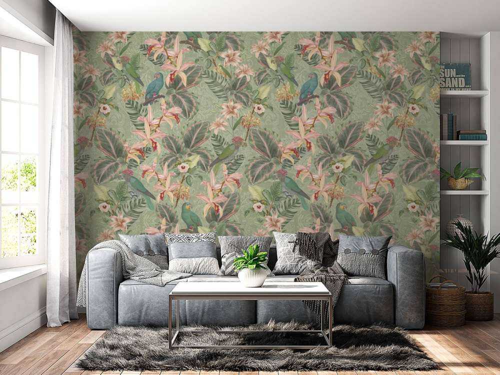 Tropical Jungle birds & parrots - sage green