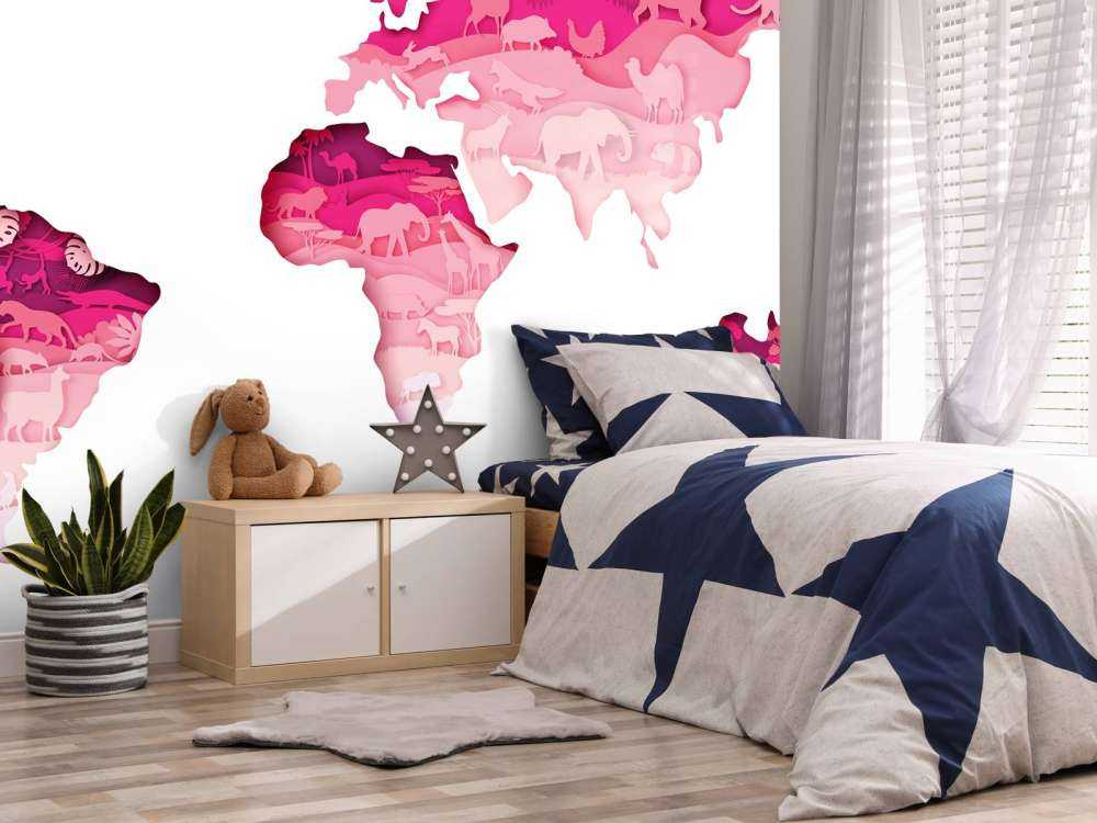 Dieren wereldkaart roze tinten