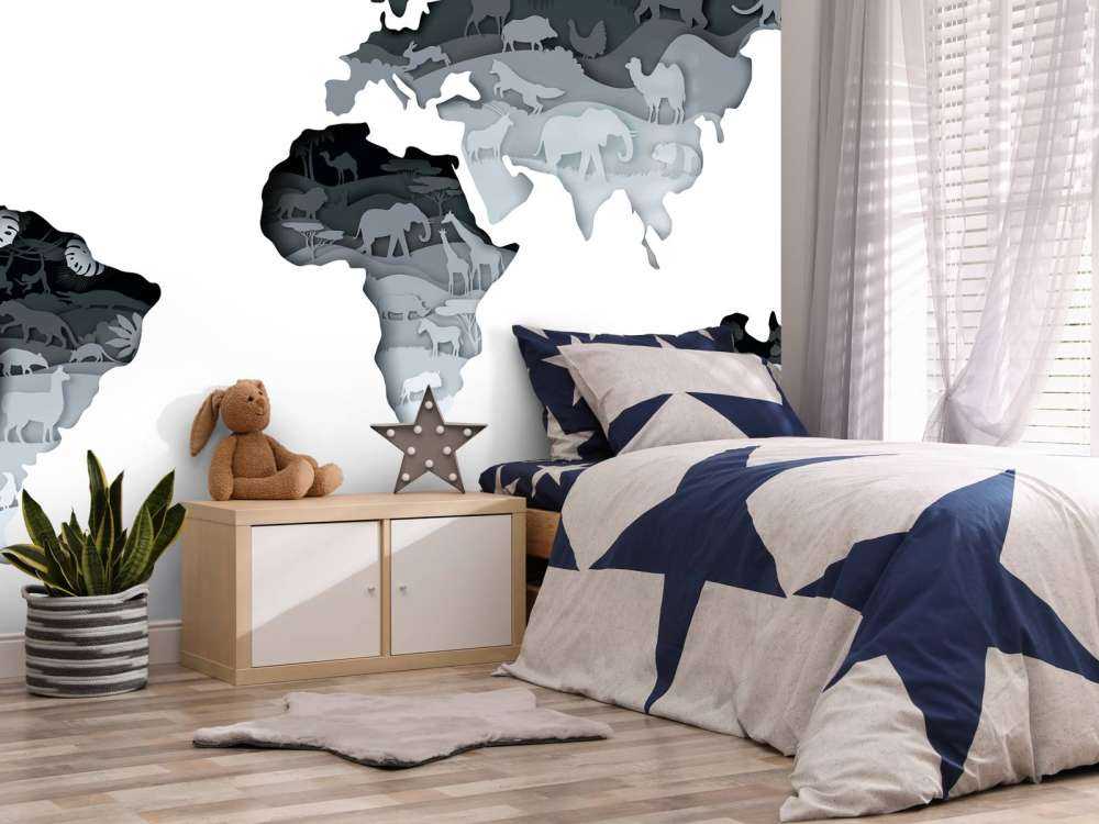 Dieren wereldkaart grijs tinten