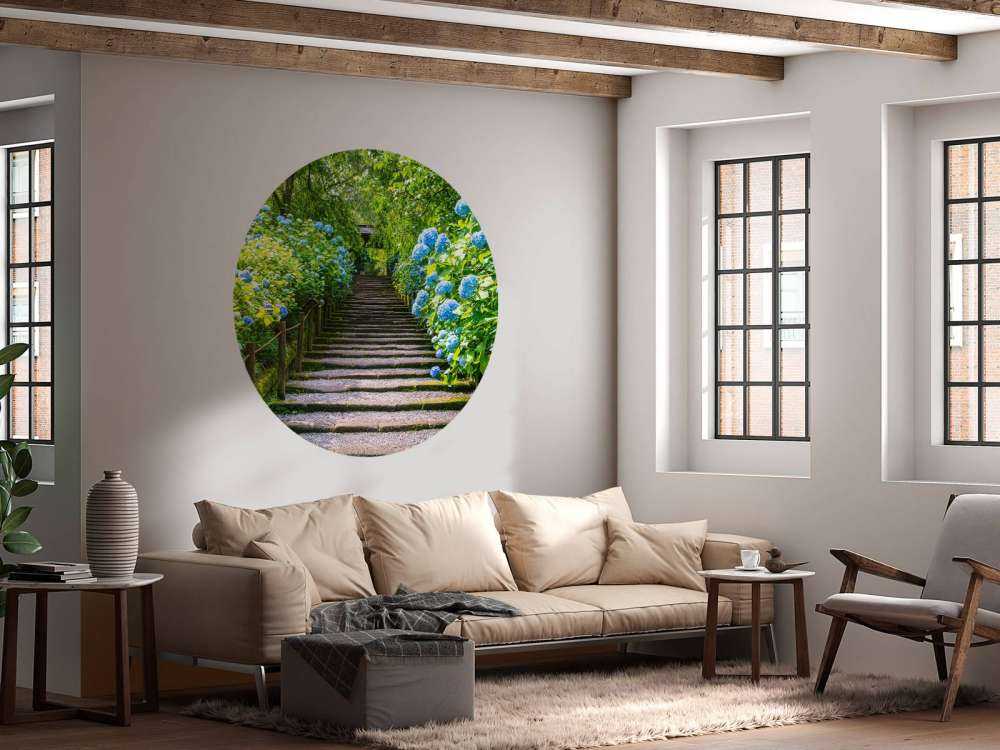 Stairs between hydrangeas