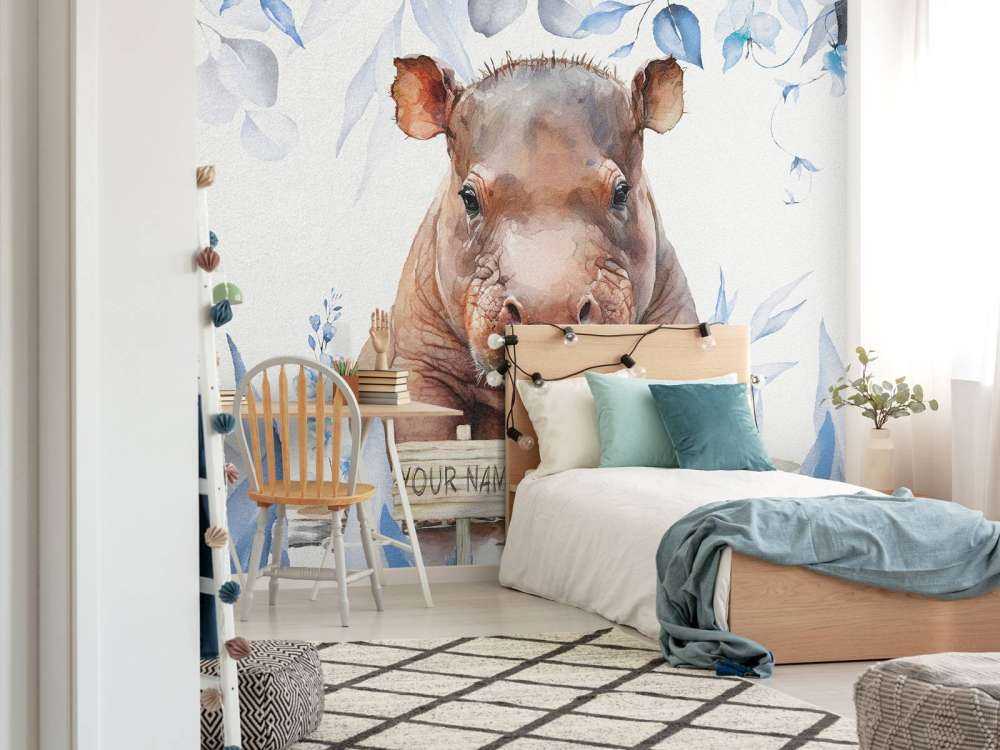 Baby hippo in the leaves blue