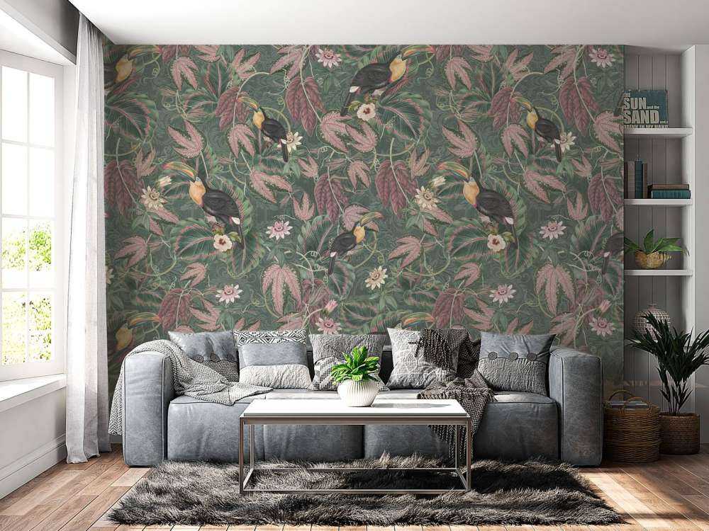 Tropical Jungle birds & toucans - dark green