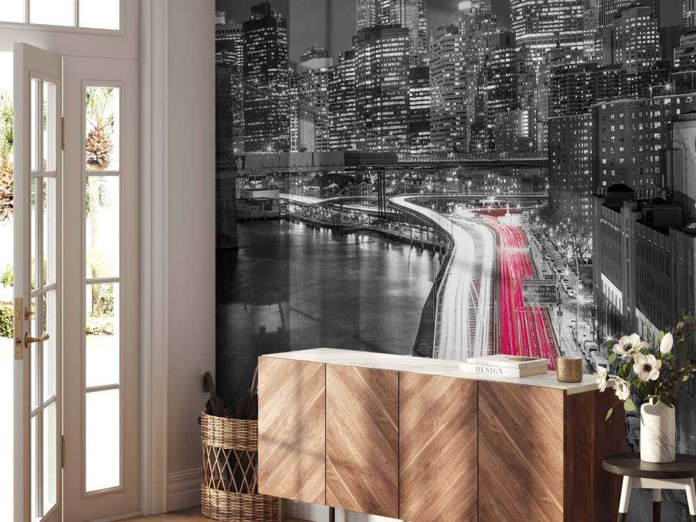 Strip lights on streets of Manhattan by east river, New York