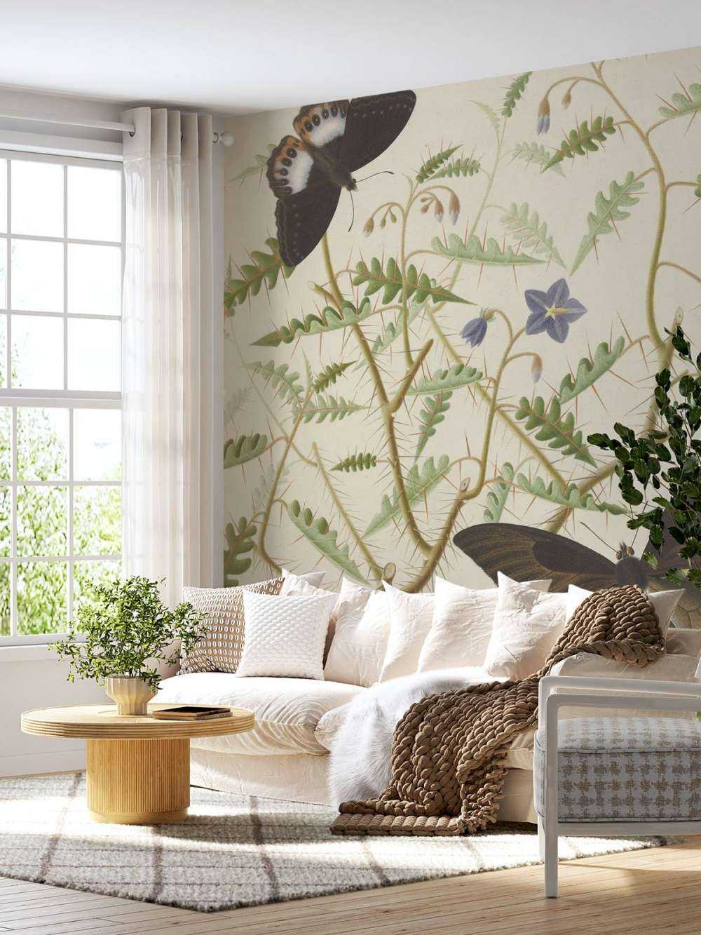 A blossoming shrub with two exotic butterflies