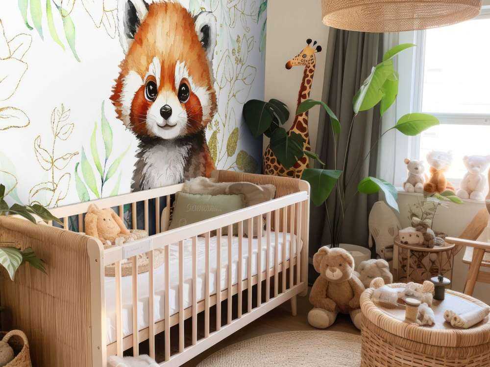 Cute red panda and leaves