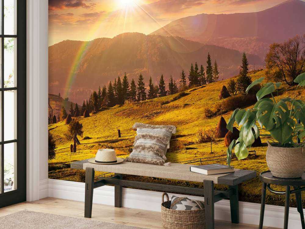 Haystacks in mountain landscape