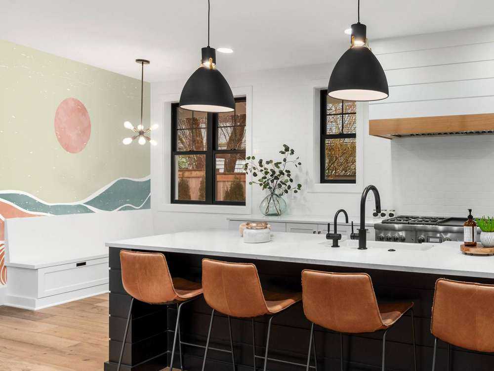 Colored ocean waves with a red moon