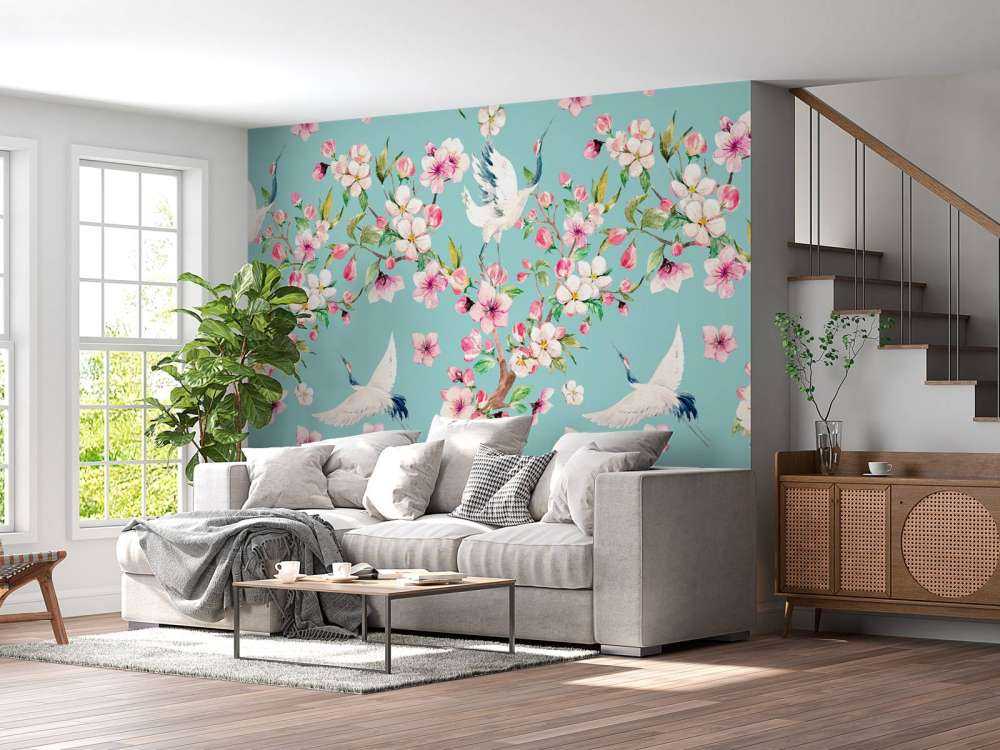 Cranes between pink flowers