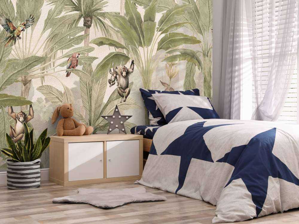 Jungle with monkeys and parrots