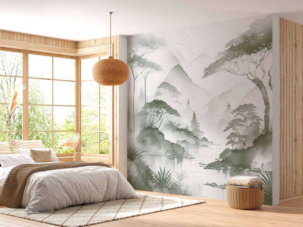 Mountain Lake in Misty Ink, green