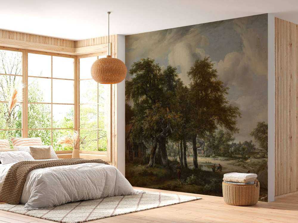 Forest landscape with farmhouses