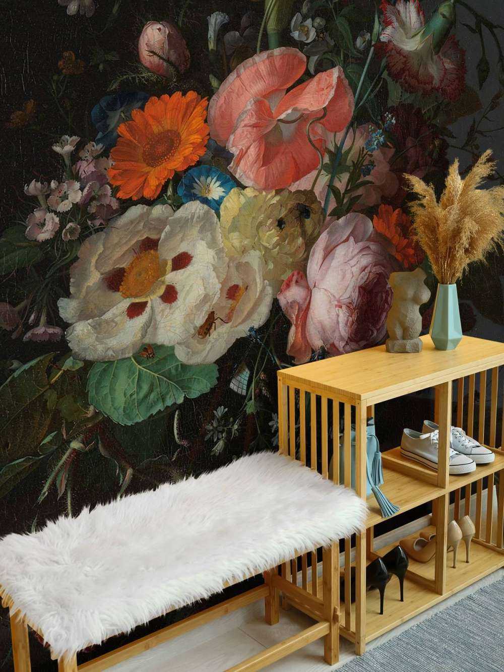 Still life with flowers on a marble tabletop