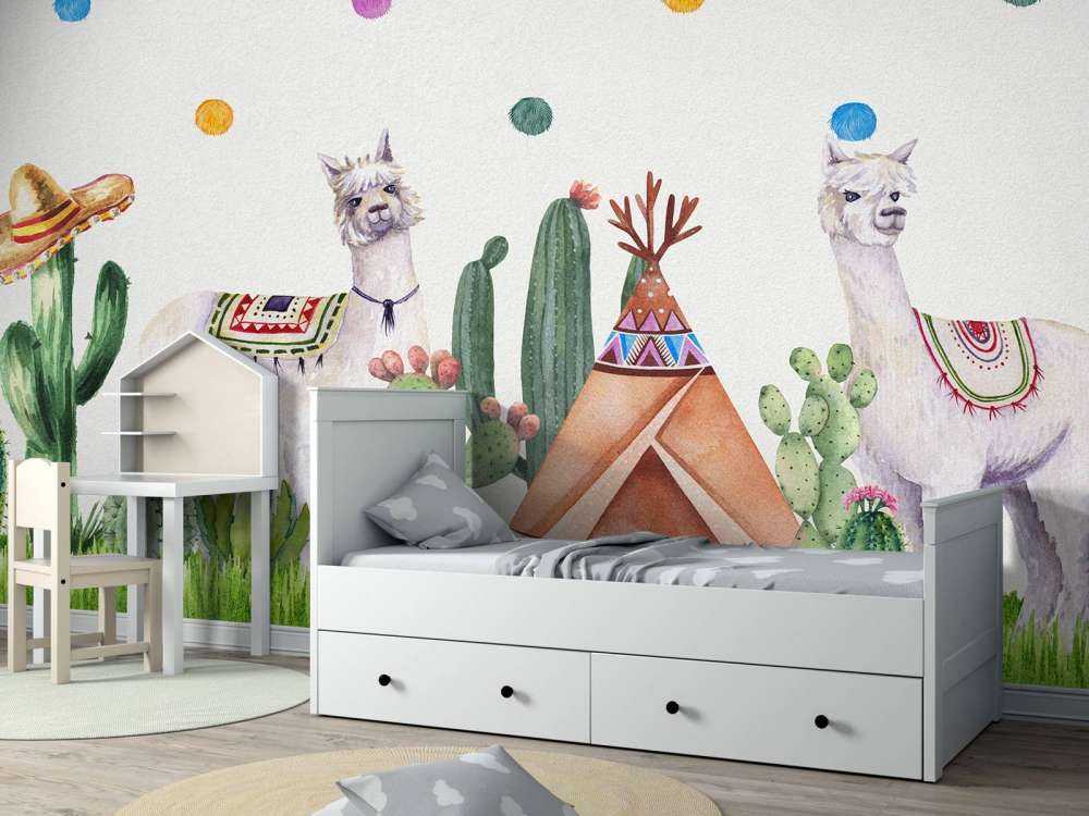 Alpacas between cacti