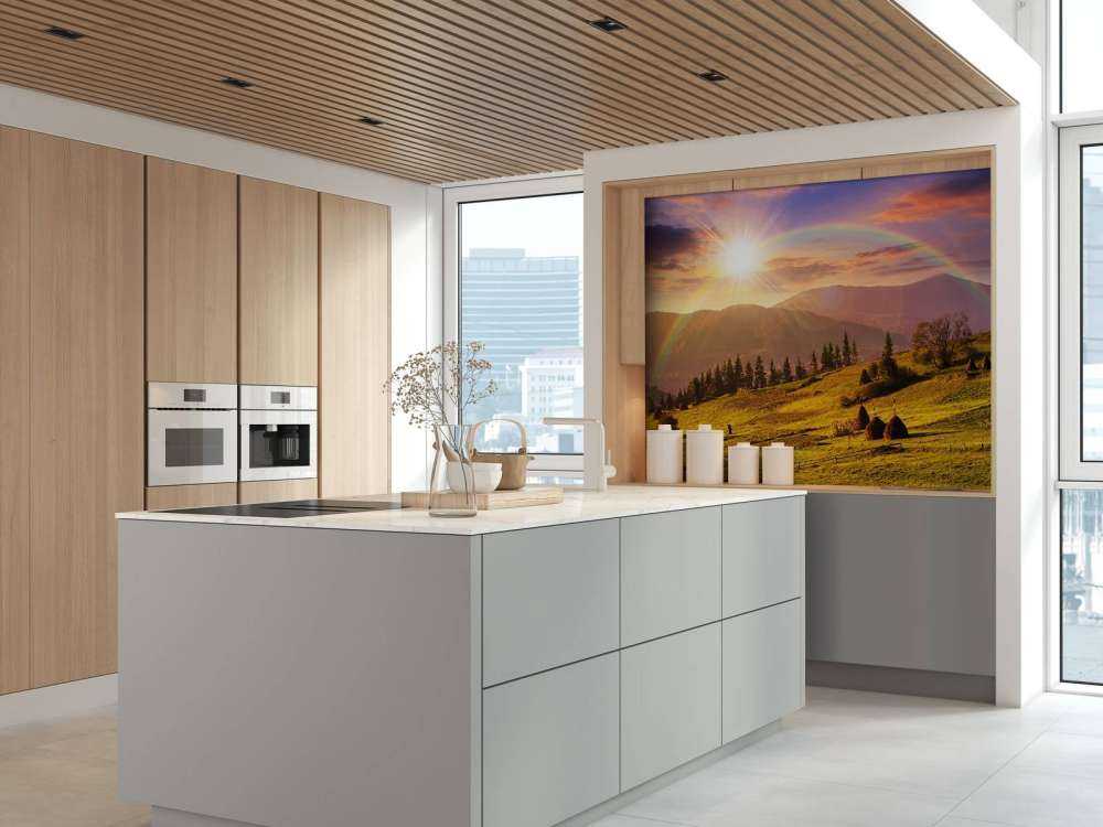 Haystacks in mountain landscape