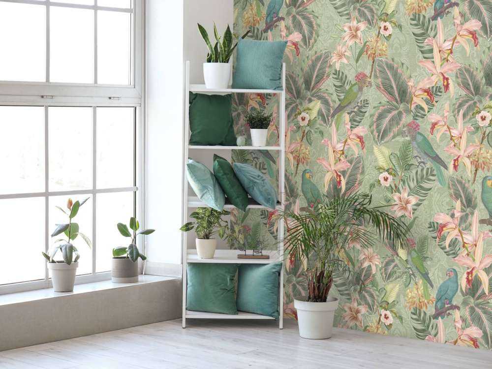 Tropical Jungle birds & parrots - sage green
