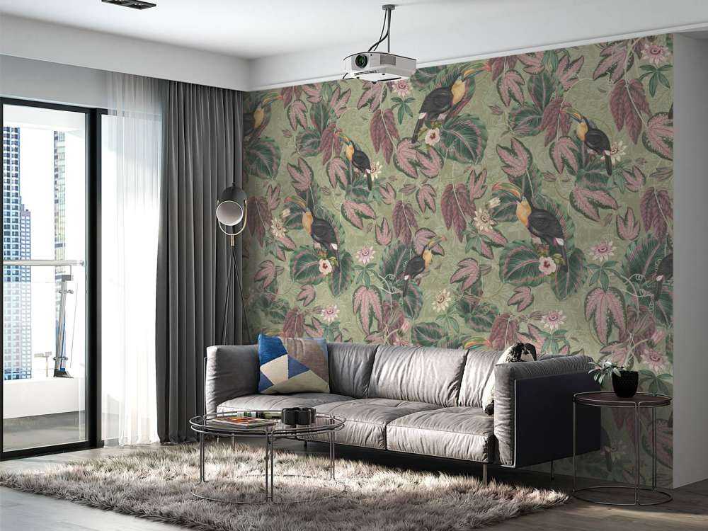 Tropical Jungle birds & toucans - sage green