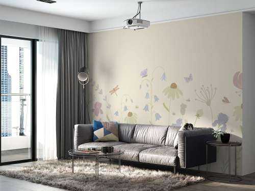 Flower field high with butterflies sand, old pink, green and lilac