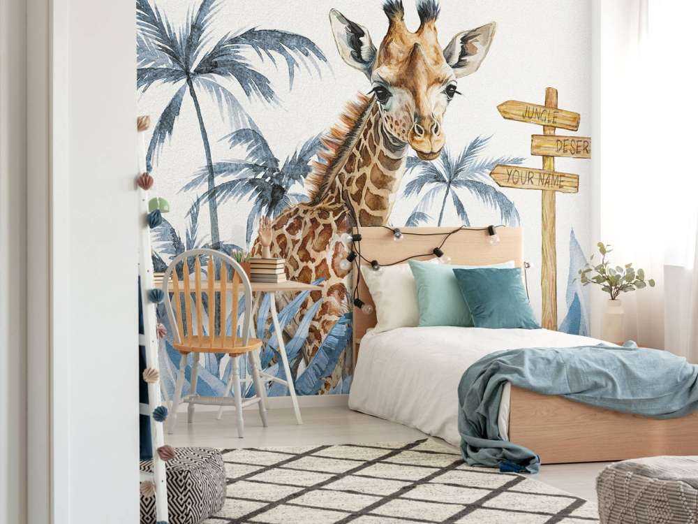 Baby giraffe in the jungle blue