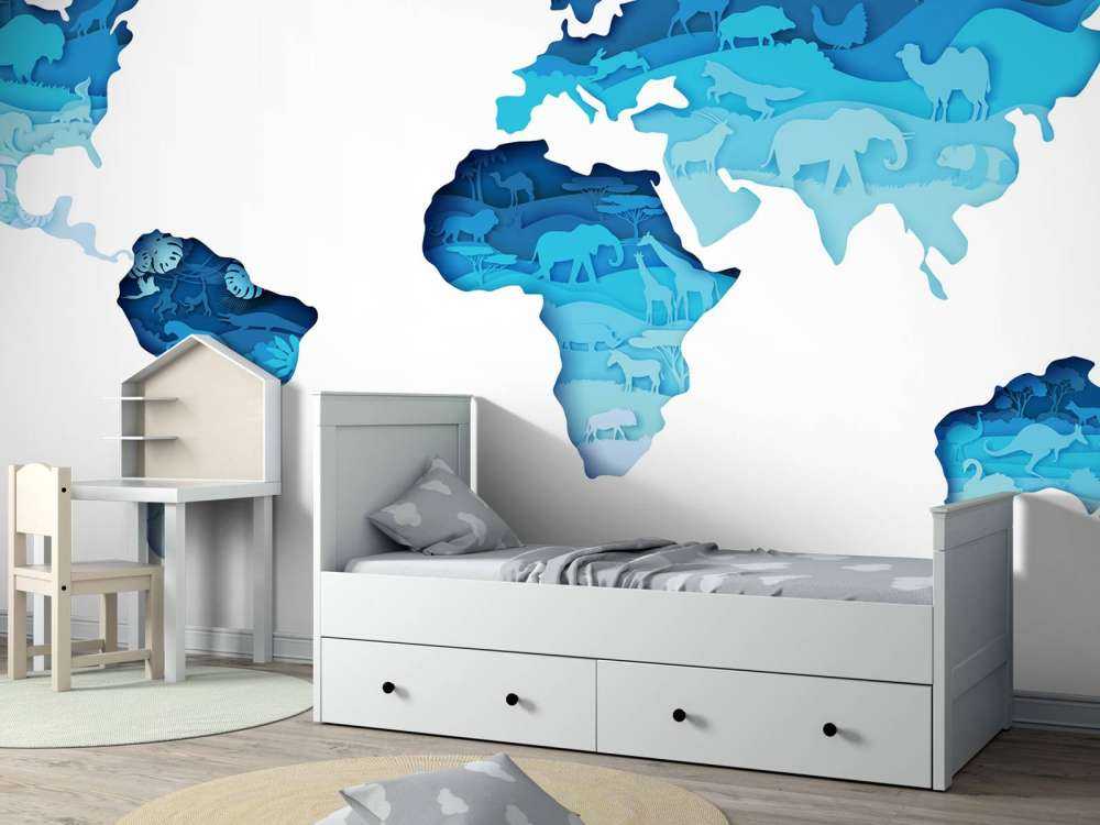 Dieren wereldkaart blauw tinten