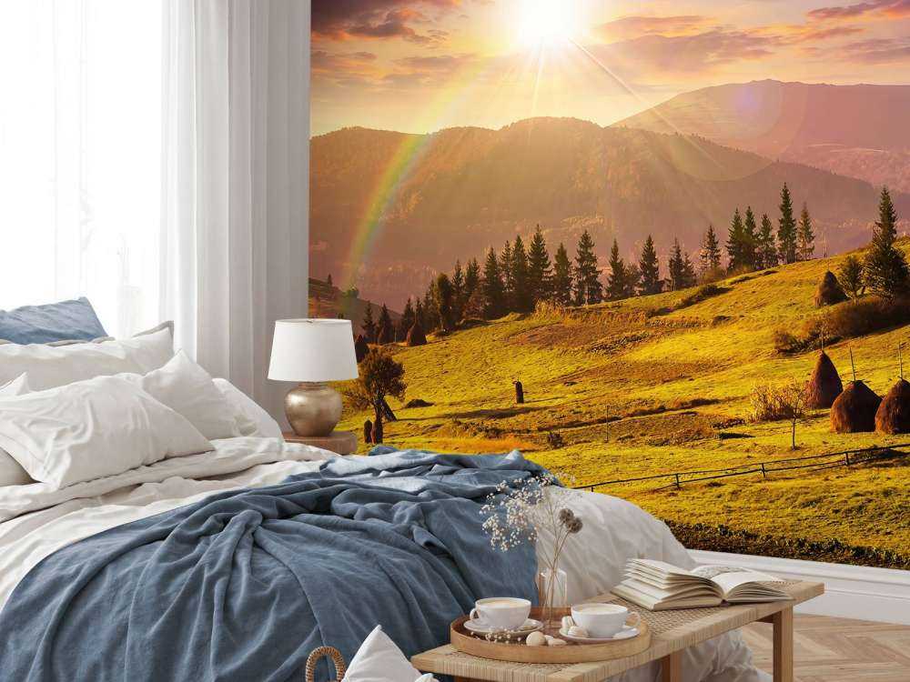 Haystacks in mountain landscape