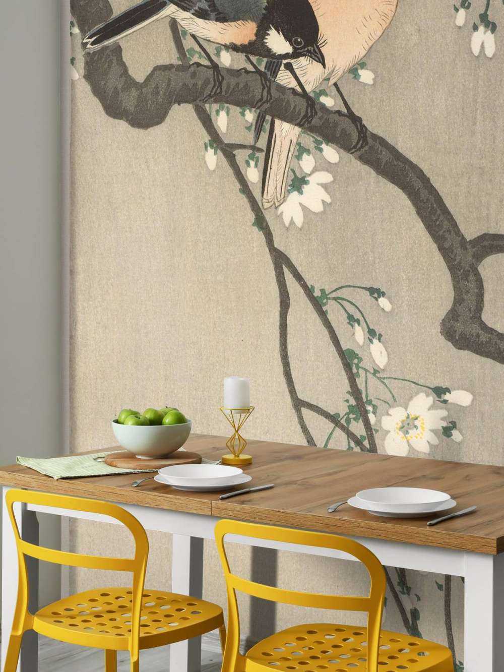 Great tits on blossom branch