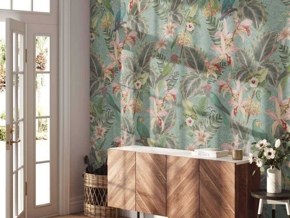 Tropical Jungle birds & parrots - mint green