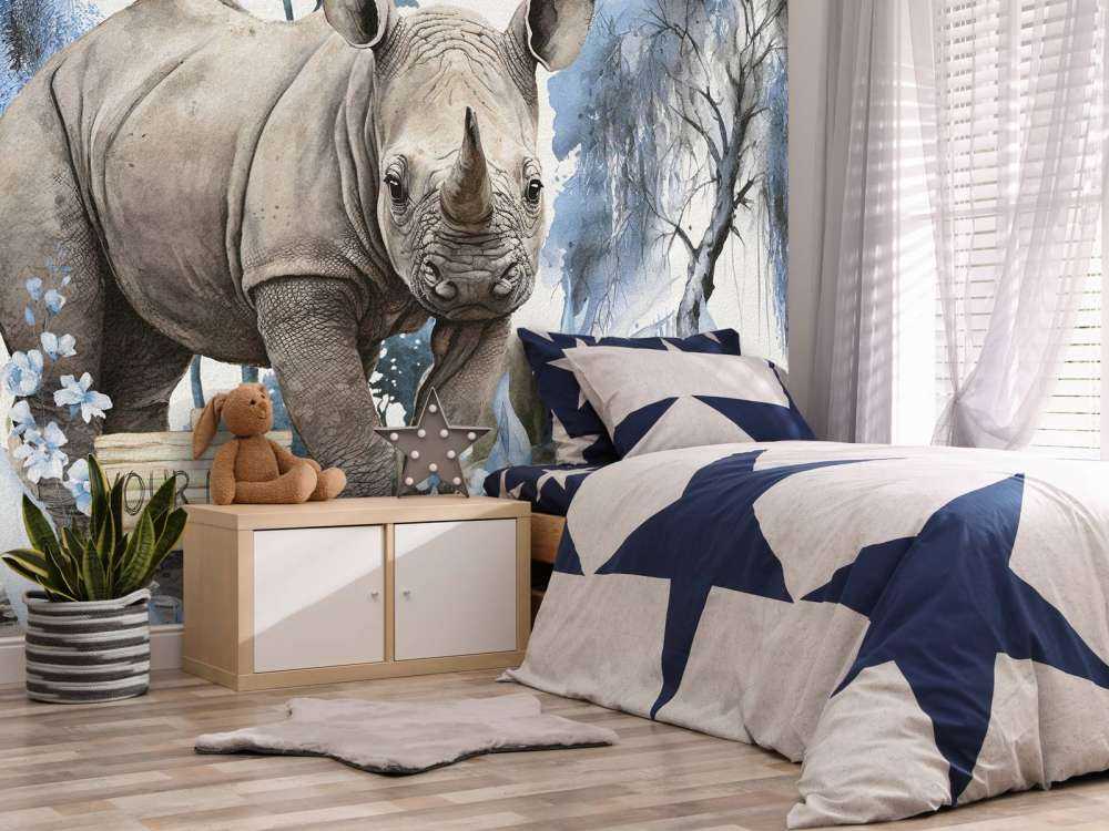 Baby rhino on the savannah blue