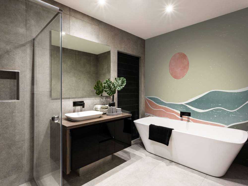 Colored ocean waves with a red moon