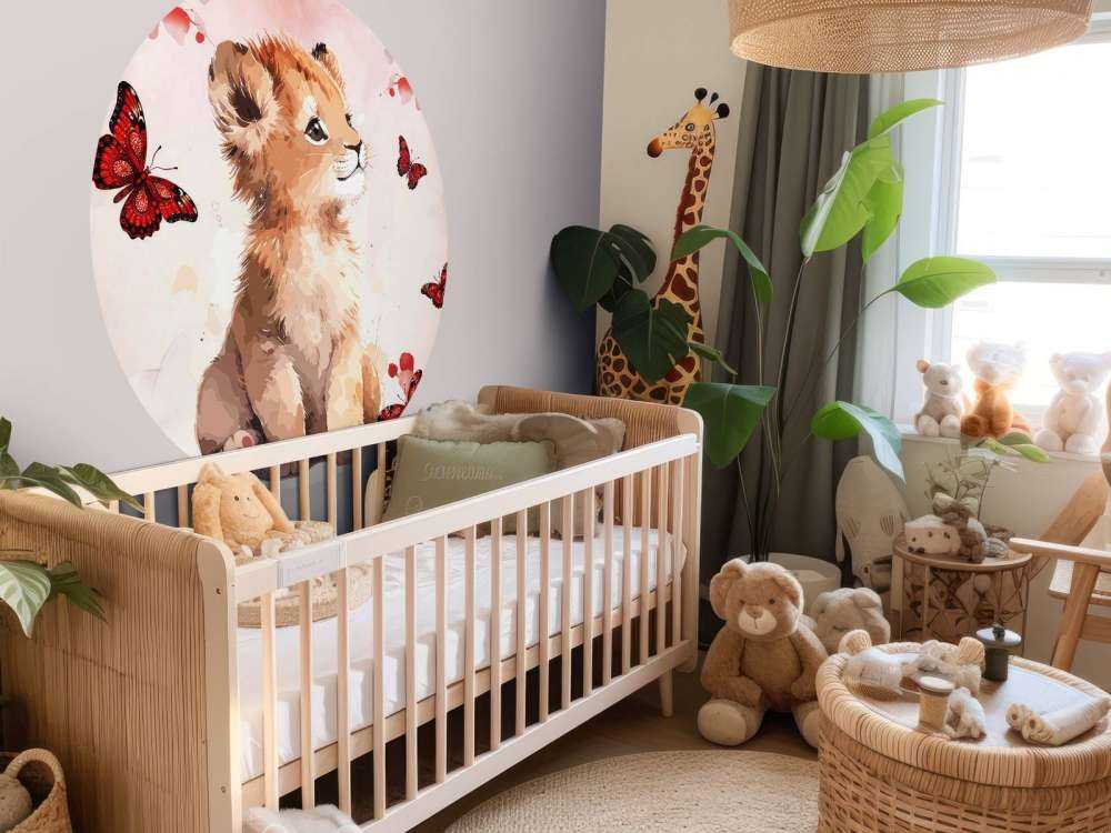 Dreamy lion cub and butterflies