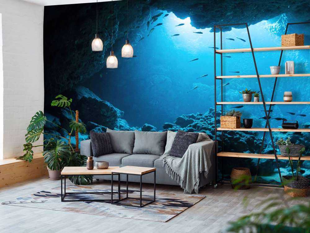 Underwater cave with fish