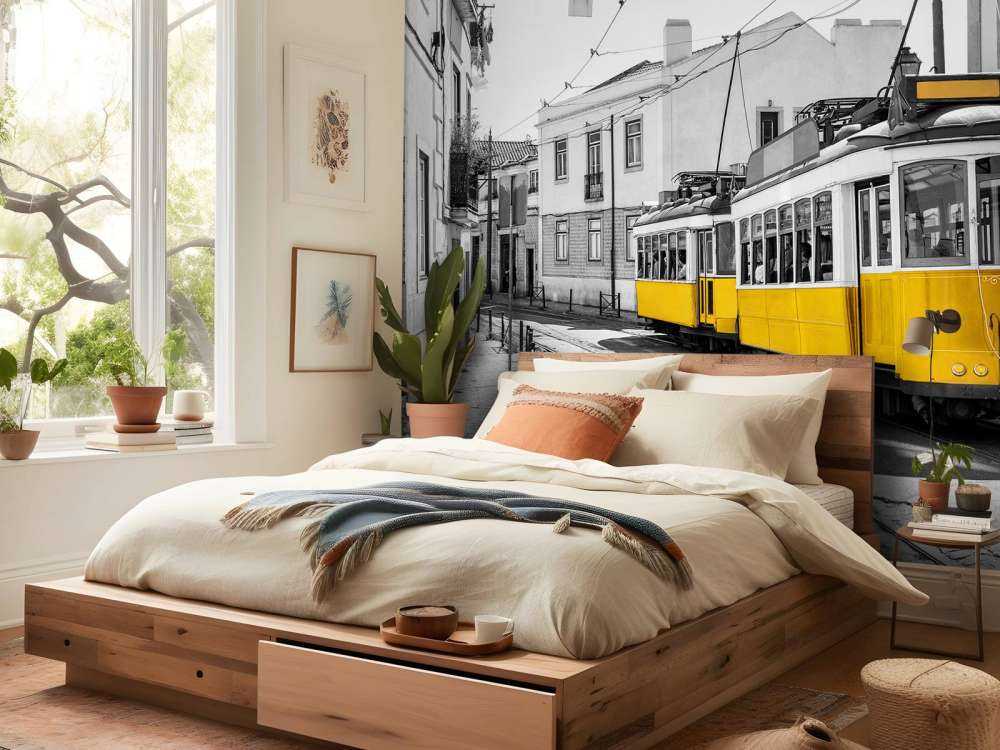 Yellow tram in a black and white street