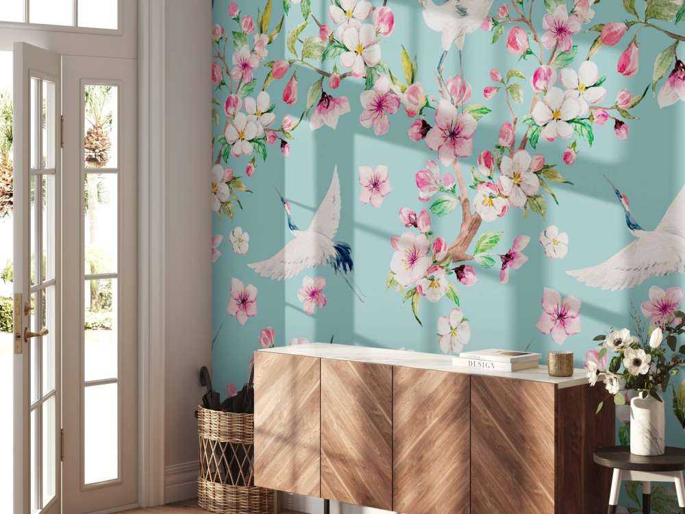 Cranes between pink flowers