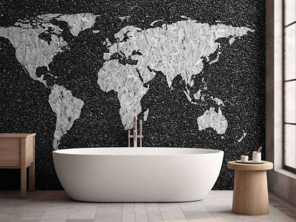 White world map on black background