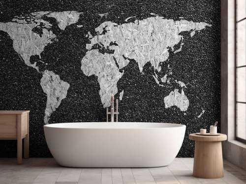 White world map on black background