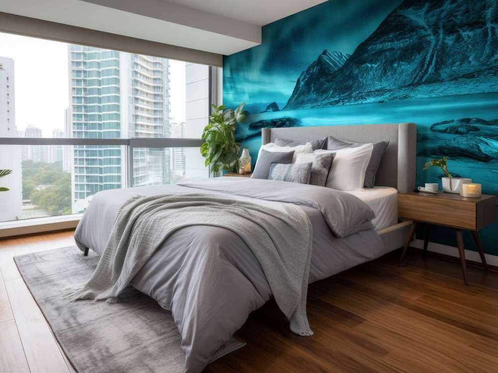 Blue northern lights with mountains