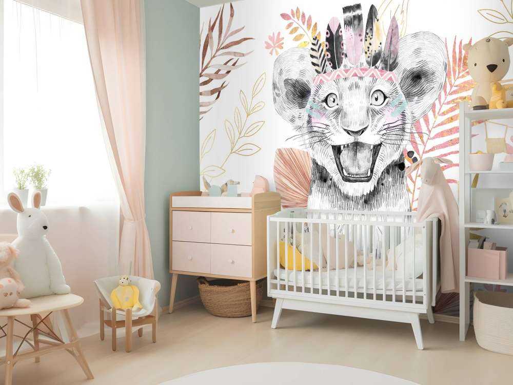 Baby lioness with coral pink and gold leaves