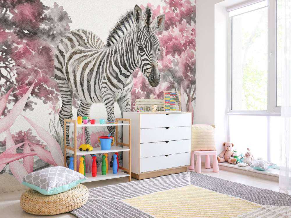 Young zebra in the wild pink