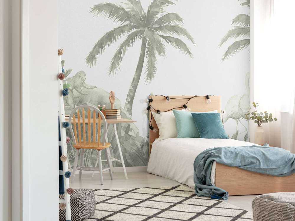 Monkeys and flamingos in green