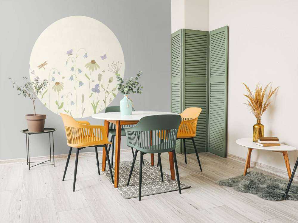 Flower field high with butterflies beige, old pink, green and lilac