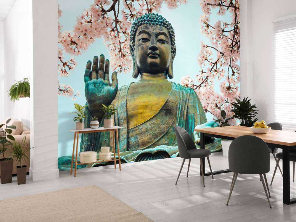 Buddha surrounded with cherry flowers