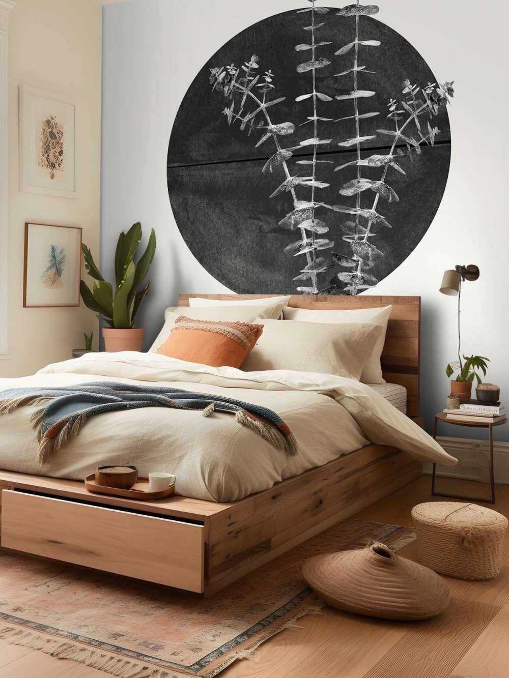 Zwarte zon met eucalyptus takken. 
