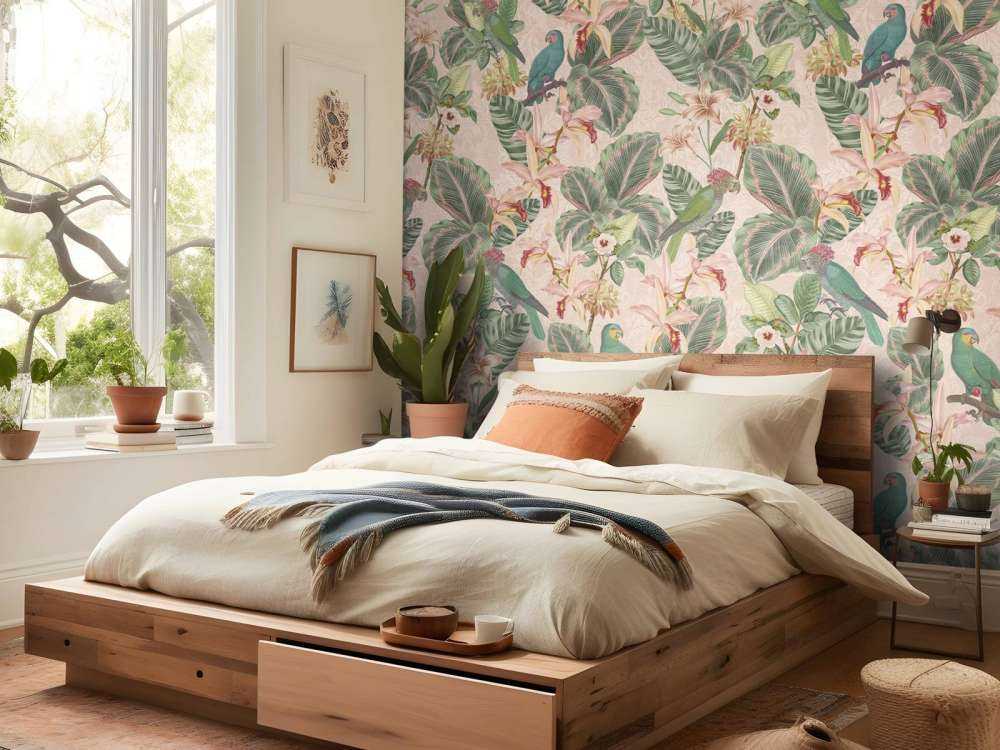 Tropical Jungle birds & parrots - soft pink