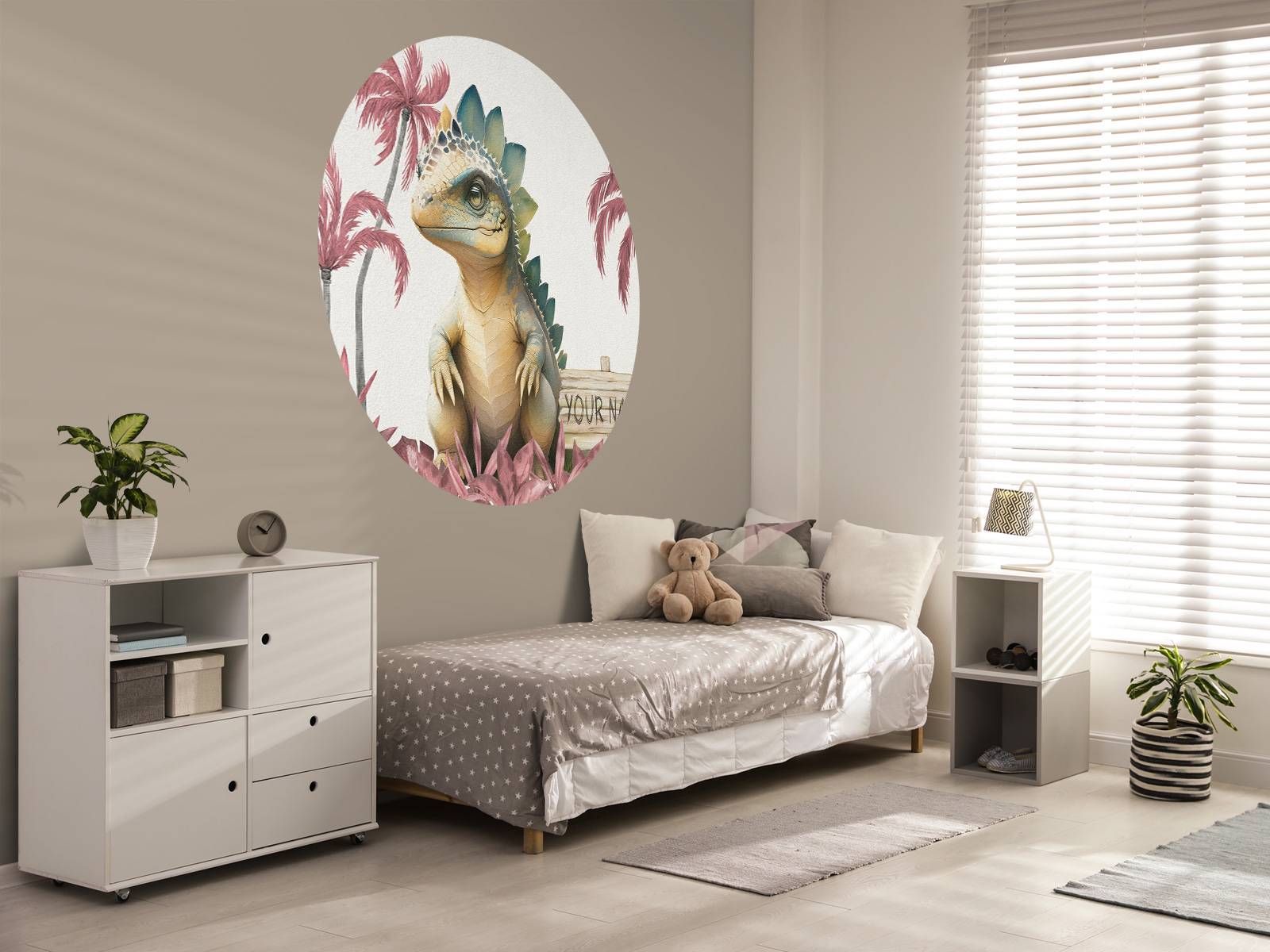 Baby stegosaurus in the pink jungle