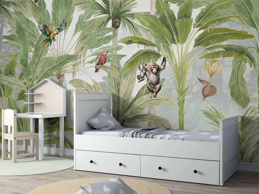 Jungle with monkeys and parrots in color