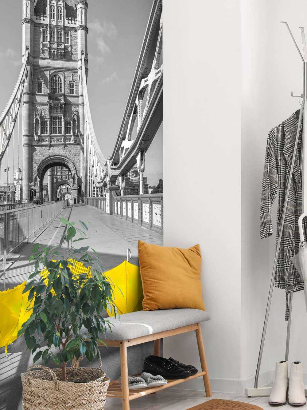 Yellow umbrellas on Tower bridge